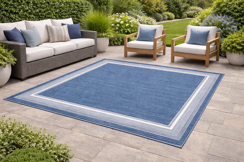 Tapis extérieur Seaside Harbor Blue – Tapis patio bleu avec bordure spa et naturel