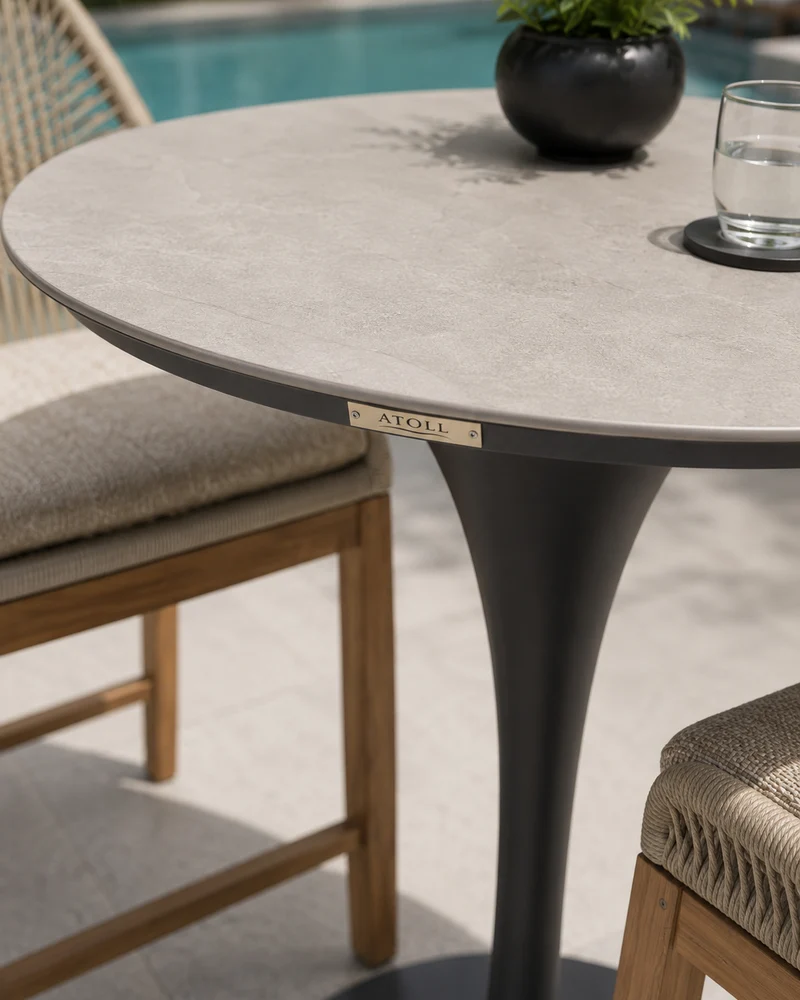 Table haute de bar Cayo 43 po par Atoll – Structure Charcoal et plateau en pierre synthétique