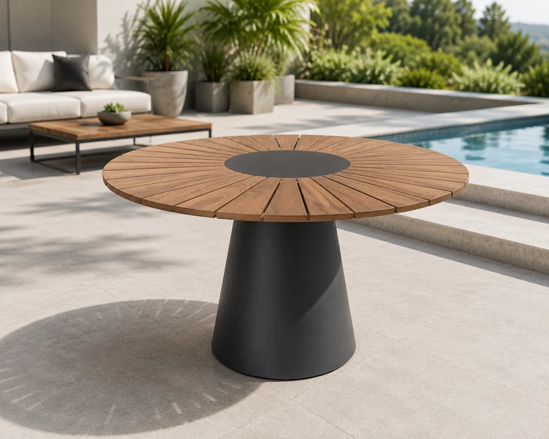 Table extérieure ronde MAREA 48 po par Atoll | Plateau en teck traité et structure en aluminium