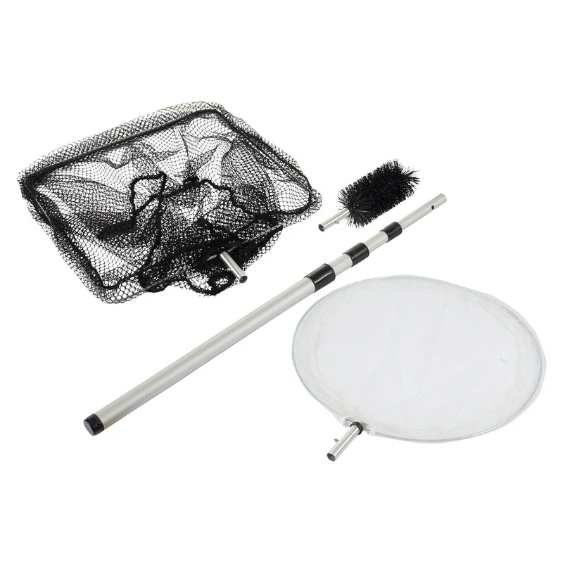 Set 3 en 1 - Épuisette à fines et grandes mailles et brosse anti algues pour bassin