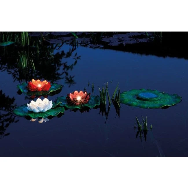 PondoSolar Lily LED Set 3 - Nénuphars flottants en plastique avec trois LEDs intégrées - Pontec