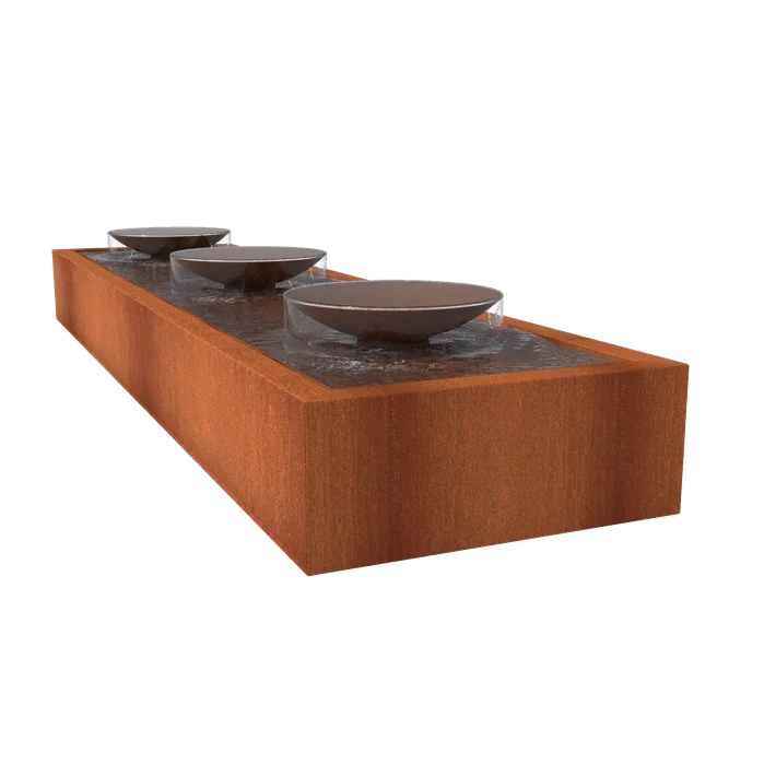 Table d'eau avec 3 bols d'eau en acier corten 400 x 100 x 40CM