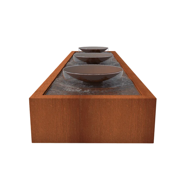 Table d'eau avec 3 bols d'eau en acier corten 400 x 100 x 40CM