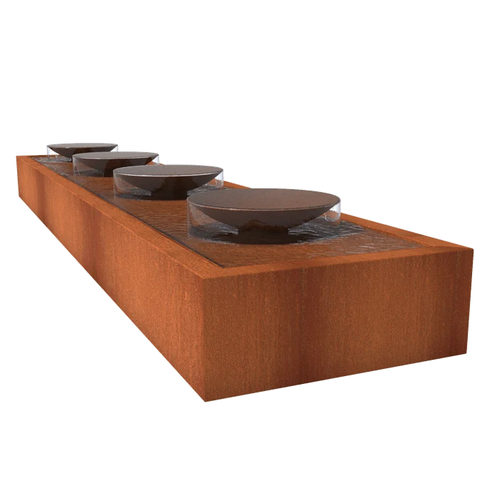 Table d'eau avec 4 bols d'eau en acier corten 500 x 100 x 40CM