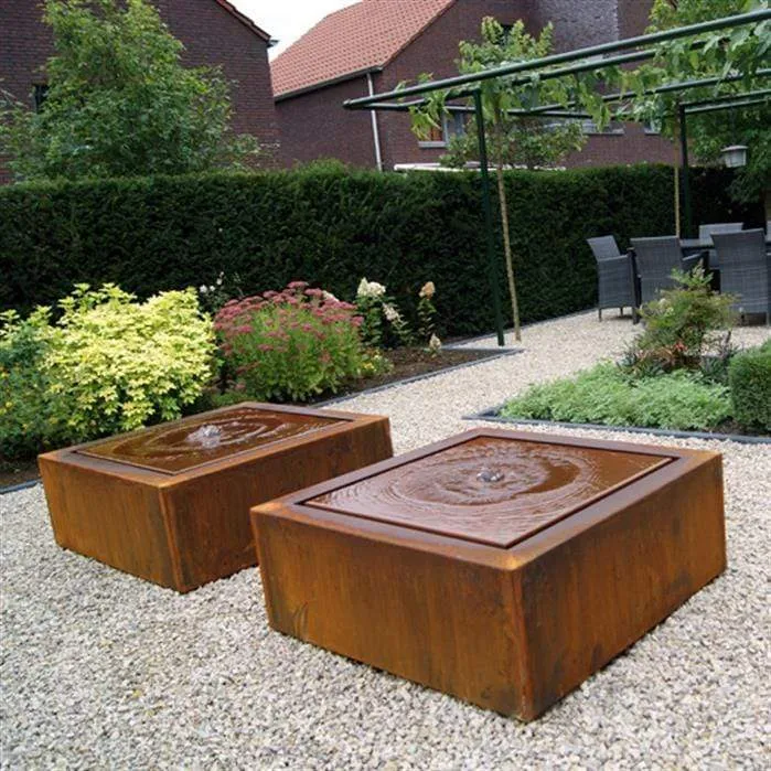 Table d'eau en acier corten 600 x 100 x 40CM - Avec 6 fontaines + LED
