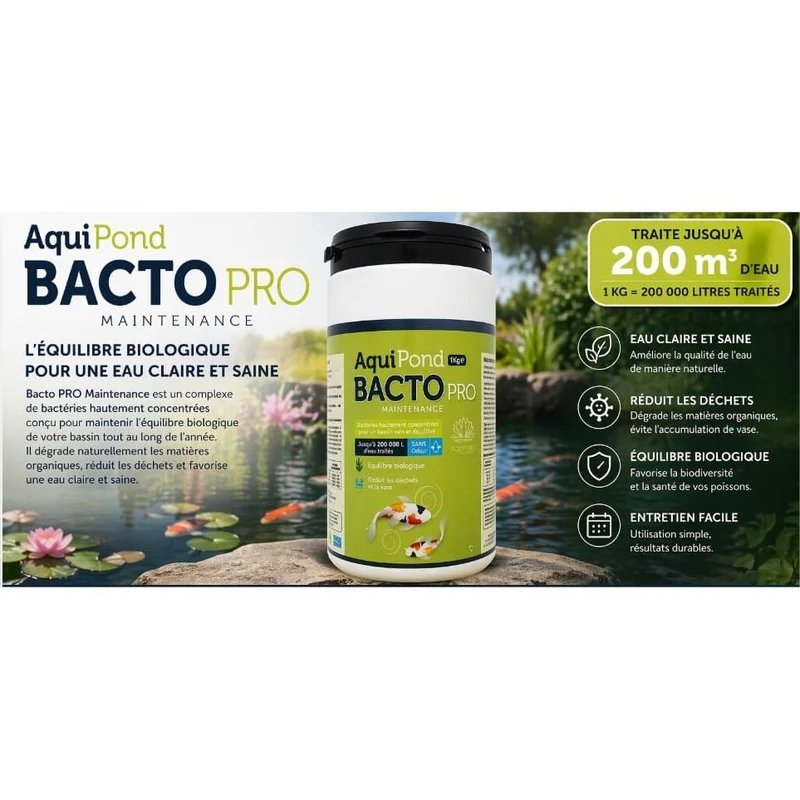 Aquipond Bacto Maintenance Pro – 1Kg - Traite jusqu'à 200M³ - Bactéries de Maintenance Ultra concentrées