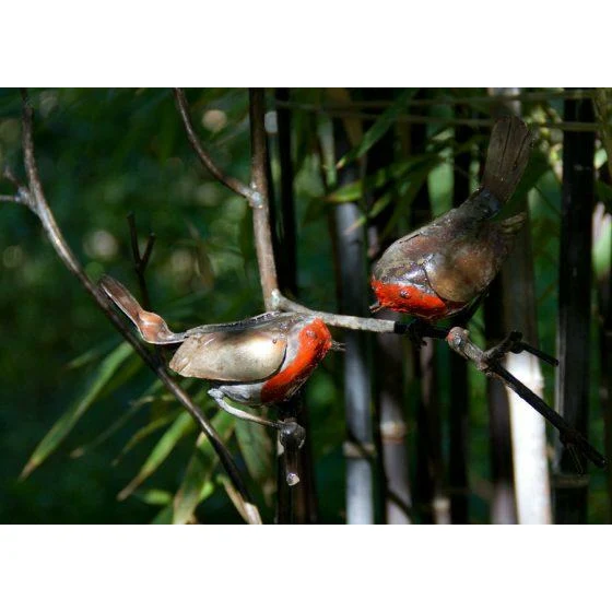 Tuteur Rouges gorges / 2 oiseaux sur branche - Oiseau décoratif en métal recyclé