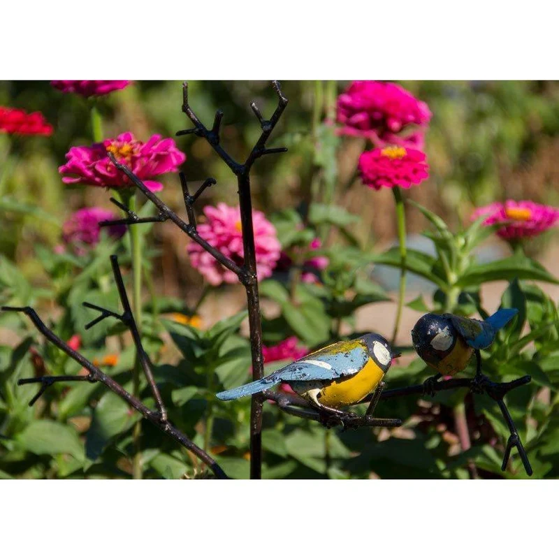 Tuteur Mésange / 2 oiseaux sur branche - Oiseau décoratif en métal recyclé