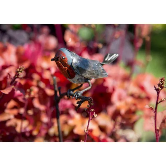 Tuteur jardinière Rouge gorge - Oiseau décoratif en métal recyclé