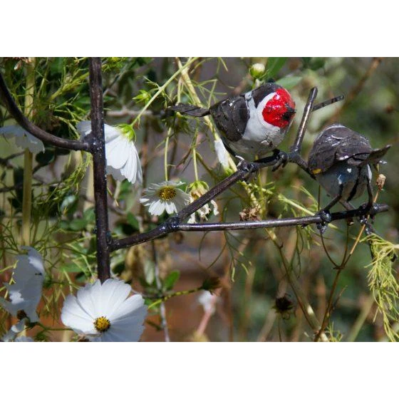 Tuteur Chardonnerets / 2 oiseaux sur branche - Oiseau décoratif en métal recyclé