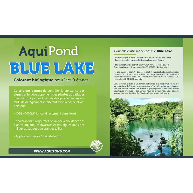 Aquipond Blue Lake 10 - 5kg (50 sachets) jusqu'à 50000M² - Colorant naturel pour lutter contre les algues et plantes invasives