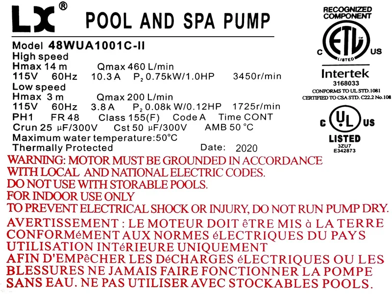 Pompe de spa LX 48WUA1001C-II – 1 HP, 2 vitesses, 115 V