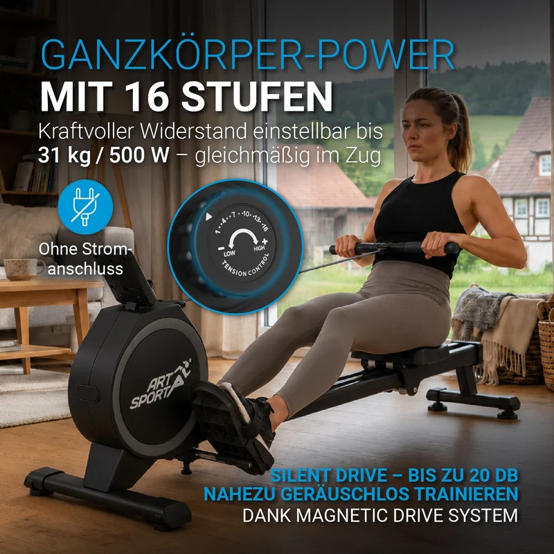 Rameur pliable Rowmaster – 16 niveaux de résistance, frein magnétique