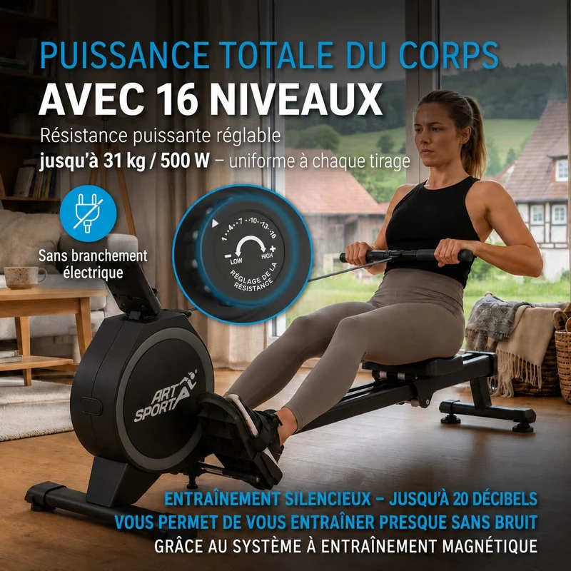 Rameur pliable Rowmaster – 16 niveaux de résistance, frein magnétique