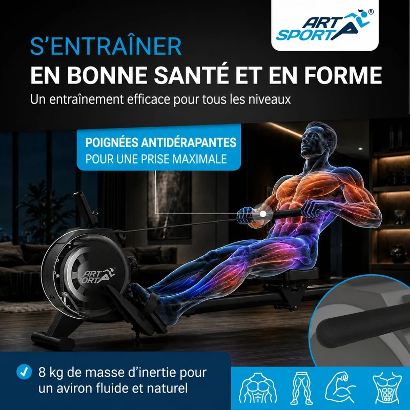 Rameur pliable Rowmaster – 16 niveaux de résistance, frein magnétique