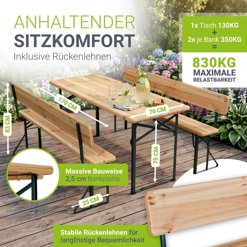 Ensemble table et bancs de brasserie Kempten – 8 places, pliant, avec dossiers