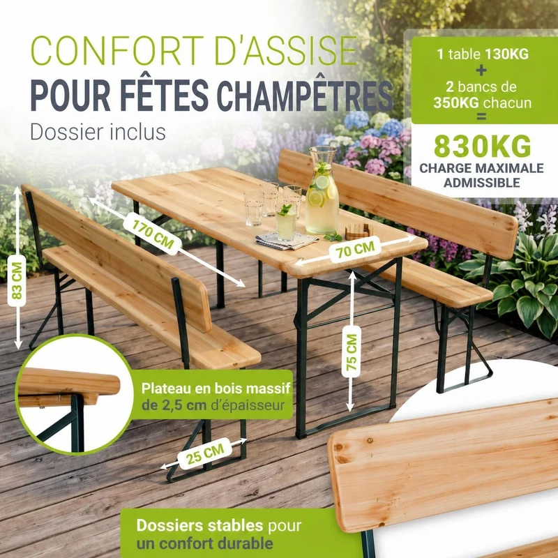 Ensemble table et bancs de brasserie Kempten – 8 places, pliant, avec dossiers