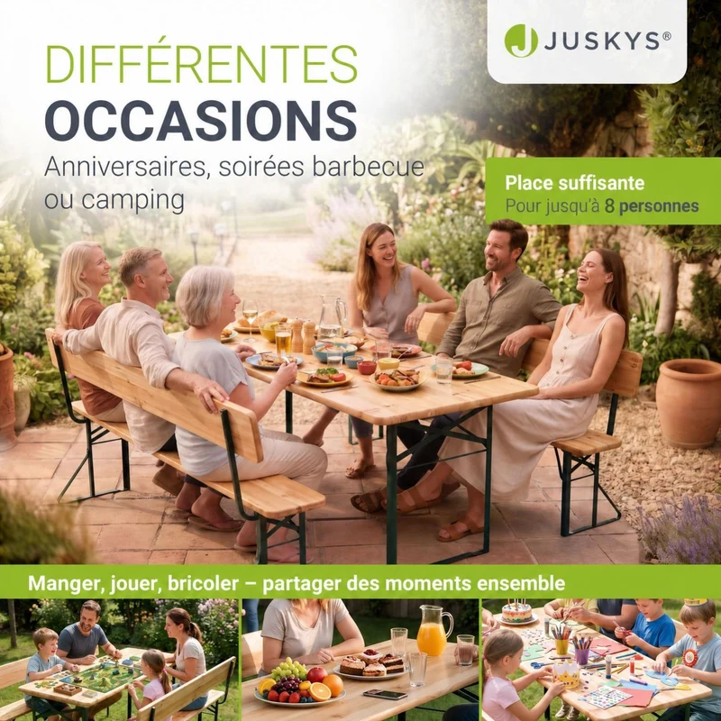 Ensemble table et bancs de brasserie Kempten – 8 places, pliant, avec dossiers