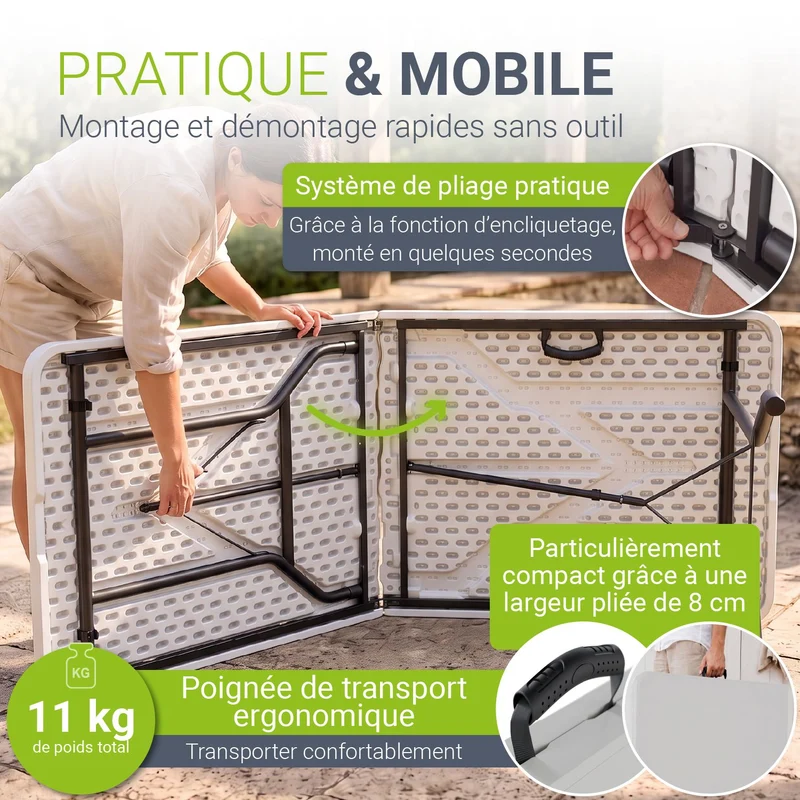 Table pliante Easyfold – 180 × 74 cm, jusqu'à 200 kg – 3 coloris
