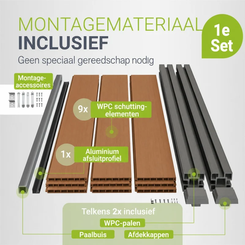 Clôture en WPC composée d'éléments et de poteaux