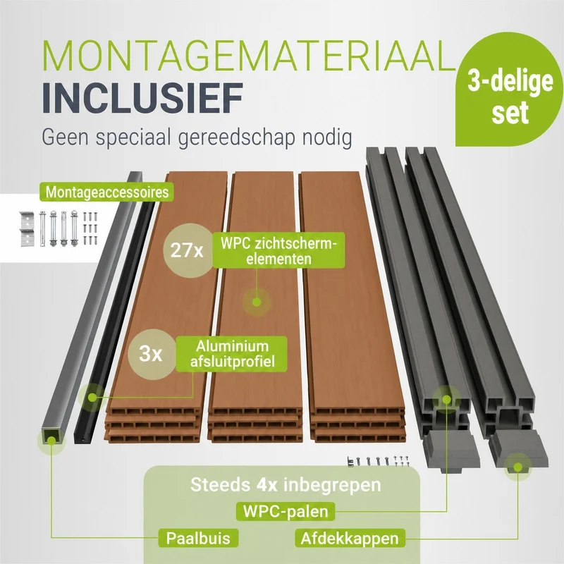 Clôture en WPC composée d'éléments et de poteaux