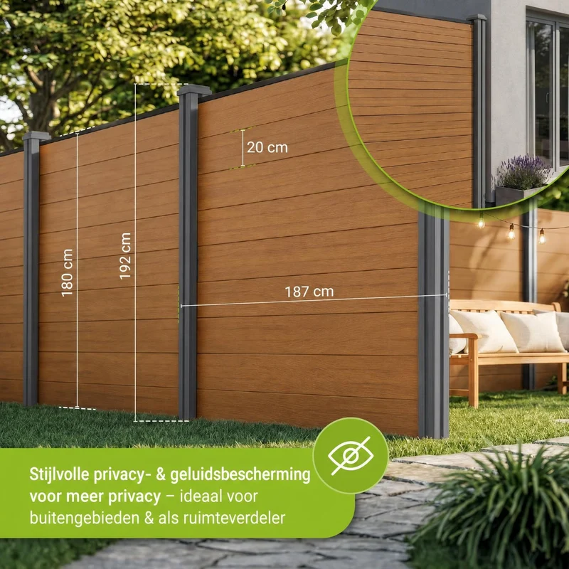 Clôture en WPC composée d'éléments et de poteaux