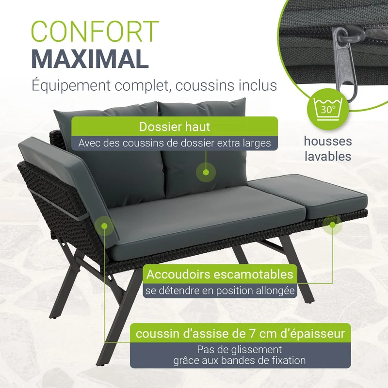 Banc multifonction en polyrotin Calvia Noir/Gris/Crème