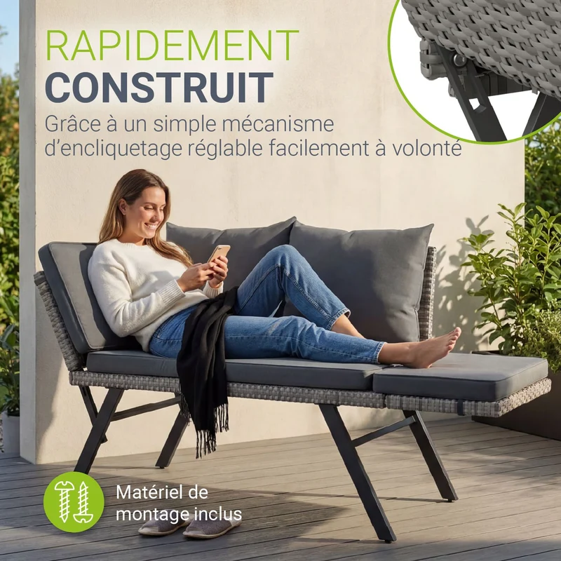 Banc multifonction en polyrotin Calvia Noir/Gris/Crème