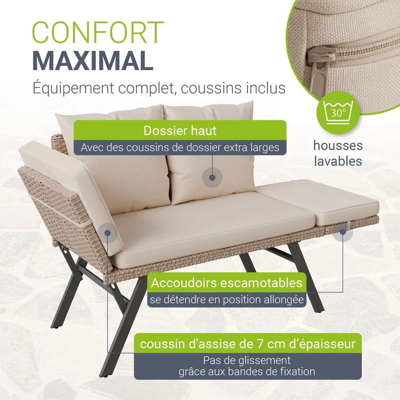 Banc multifonction en polyrotin Calvia Noir/Gris/Crème