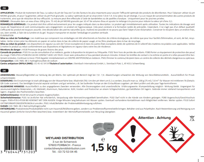 pH moins poudre 1,5 kg Aqualyn