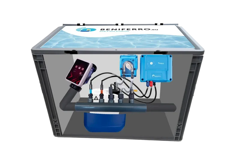 Électrolyseur SR pré-assemblée en coffret avec contrôle pH, RX - piscine jusqu'à 150 m³ - Wi-Fi | Écran - Contrôle débit/niveau en option