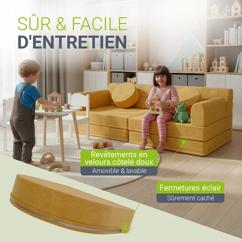 Canapé enfant Kayo en velours côtelé – modulable, lit d'appoint