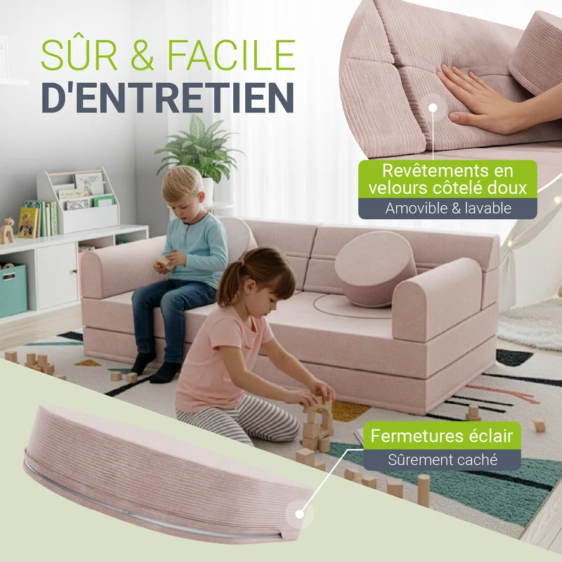 Canapé enfant Kayo en velours côtelé – modulable, lit d'appoint