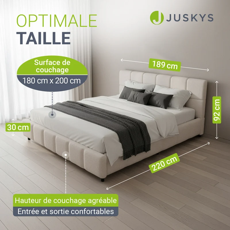 Lit rembourré Florenz en tissu bouclé – éclairage LED et sommier à lattes