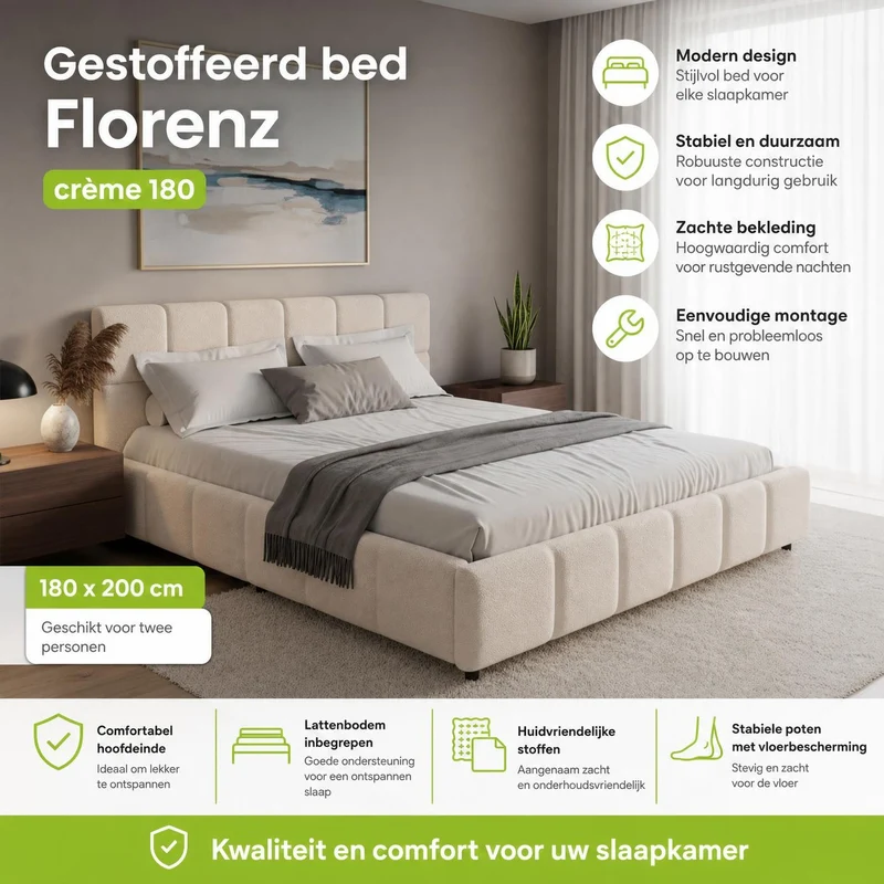 Lit rembourré Florenz en tissu bouclé – éclairage LED et sommier à lattes