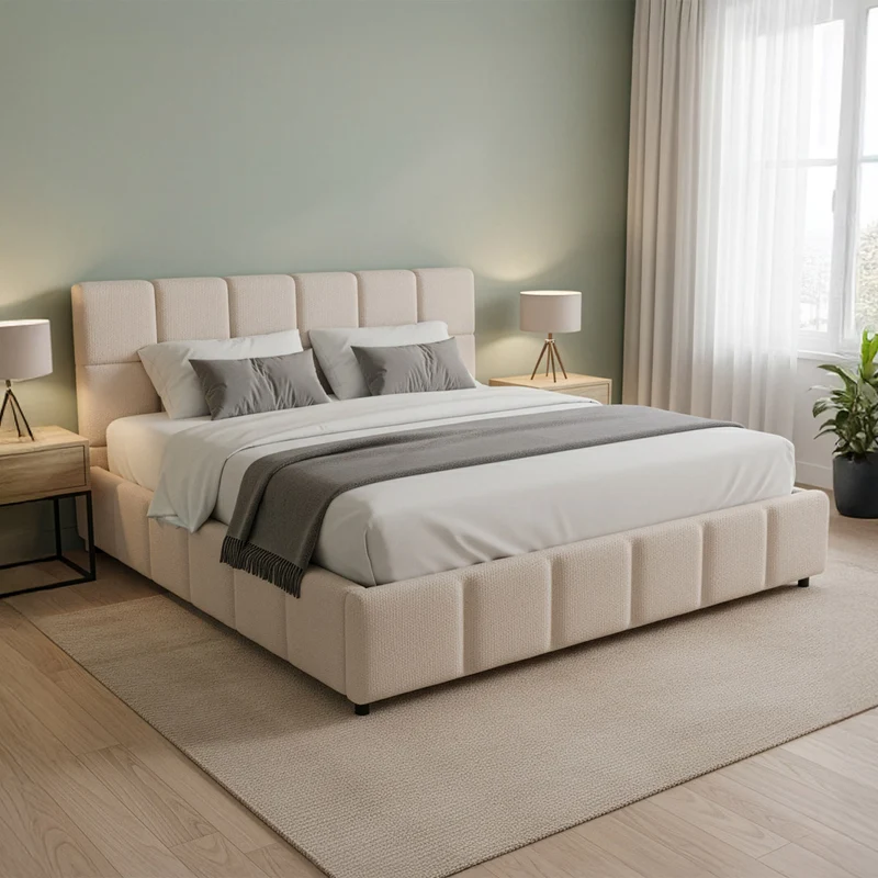 Lit rembourré Florenz en tissu bouclé – éclairage LED et sommier à lattes
