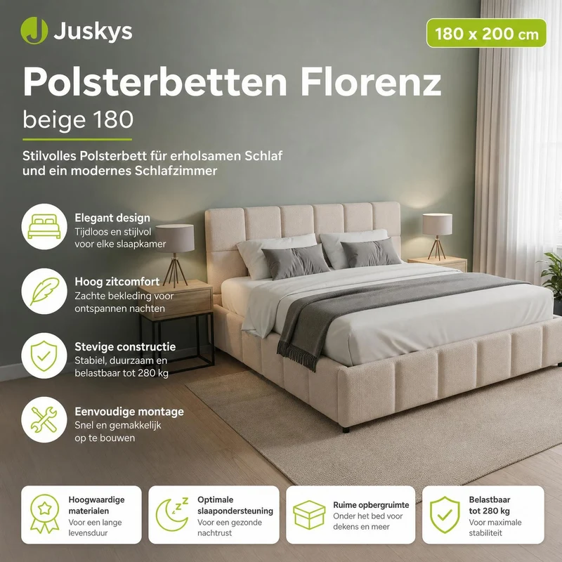 Lit rembourré Florenz en tissu bouclé – éclairage LED et sommier à lattes