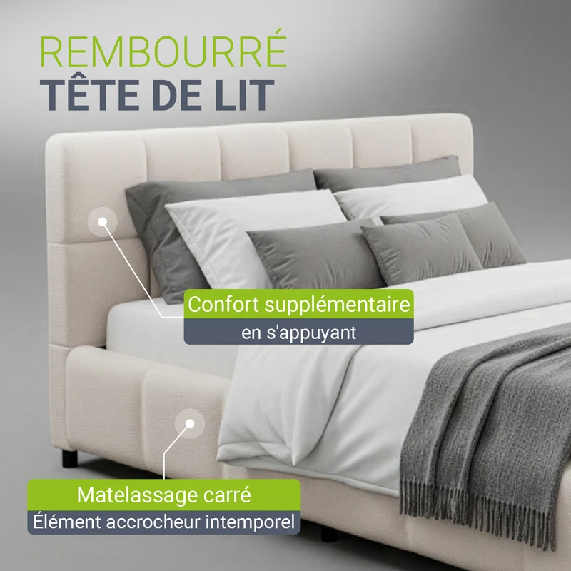 Lit rembourré Florenz en tissu bouclé – éclairage LED et sommier à lattes