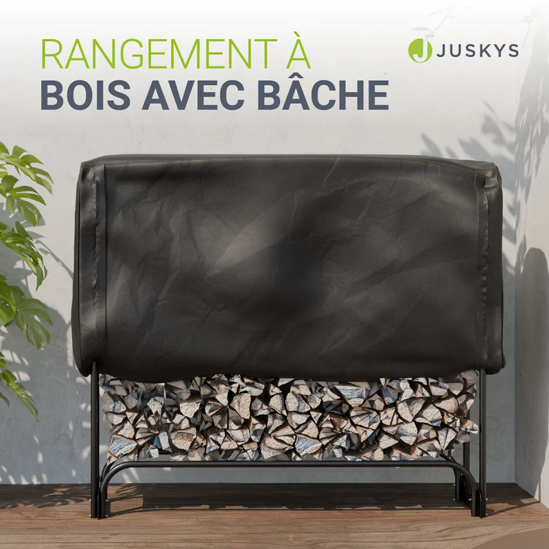 Range-bûches extérieur en acier noir – avec housse de protection Oxford