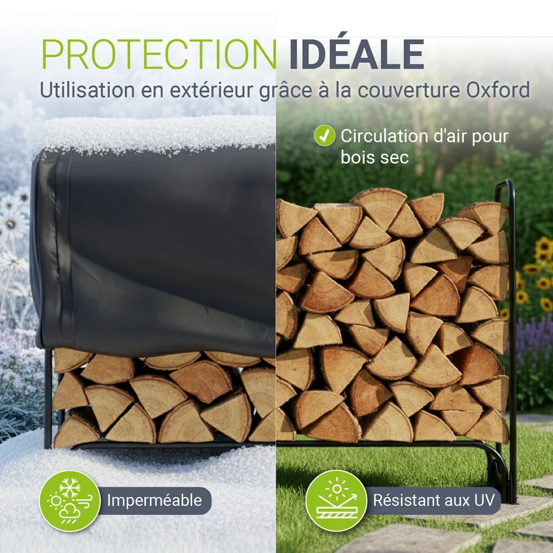 Range-bûches extérieur en acier noir – avec housse de protection Oxford