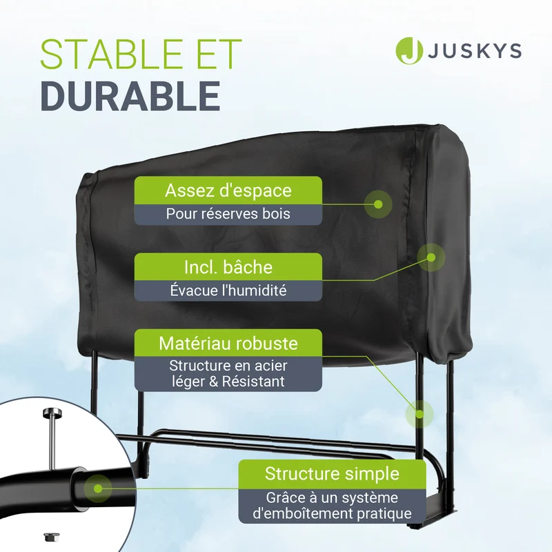 Range-bûches extérieur en acier noir – avec housse de protection Oxford