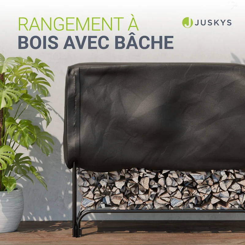 Range-bûches extérieur en acier noir – avec housse de protection Oxford