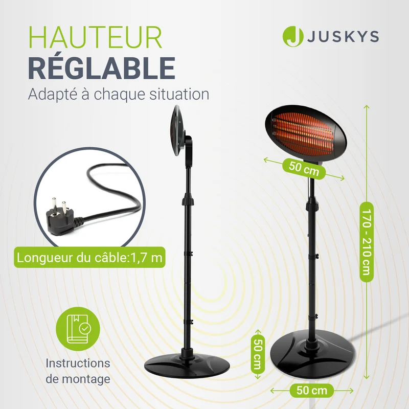 Chauffage infrarouge extérieur – 2000 W, sur pied, noir