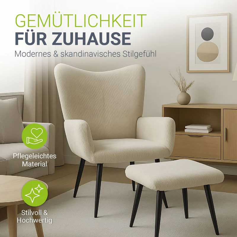 Fauteuil à oreilles avec tabouret Odense en option