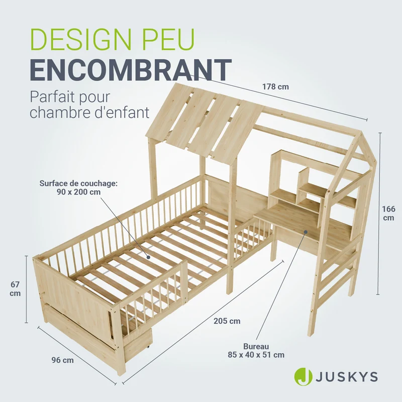 Lit enfant Yari – 90 x 200 cm avec bureau et tiroir intégrés