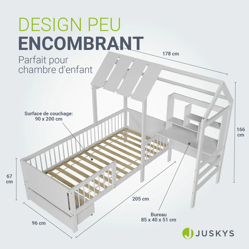 Lit enfant Yari – 90 x 200 cm avec bureau et tiroir intégrés