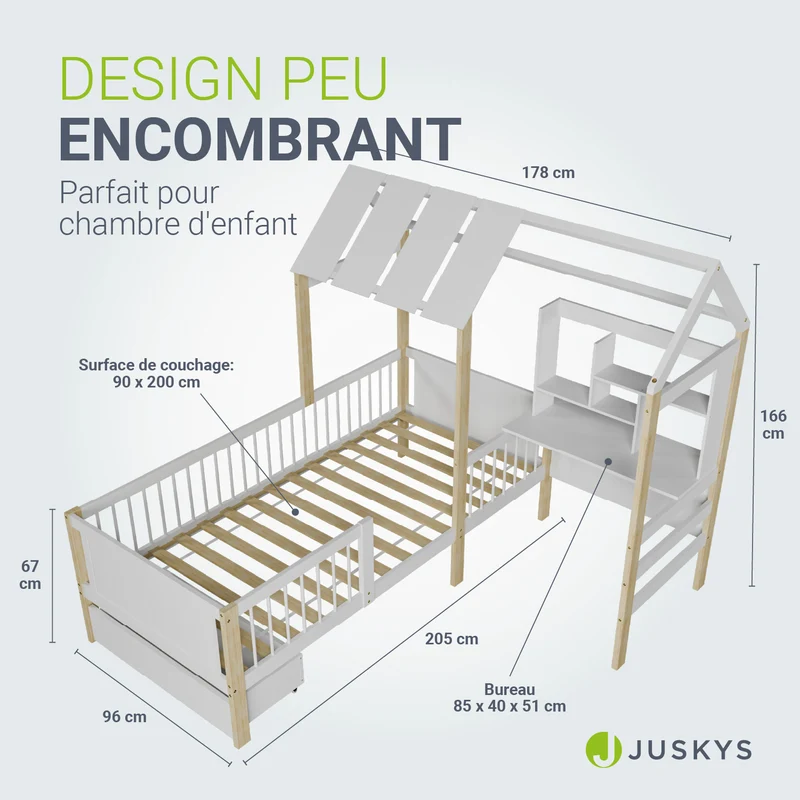 Lit enfant Yari – 90 x 200 cm avec bureau et tiroir intégrés