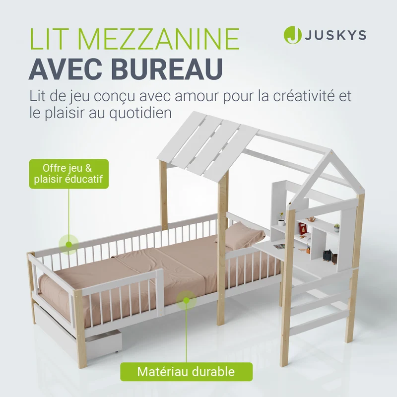 Lit enfant Yari – 90 x 200 cm avec bureau et tiroir intégrés