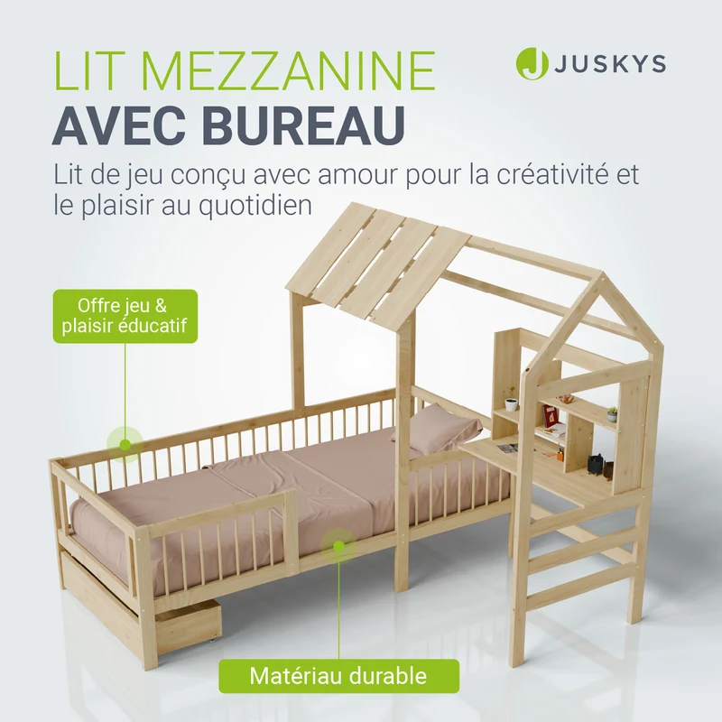 Lit enfant Yari – 90 x 200 cm avec bureau et tiroir intégrés