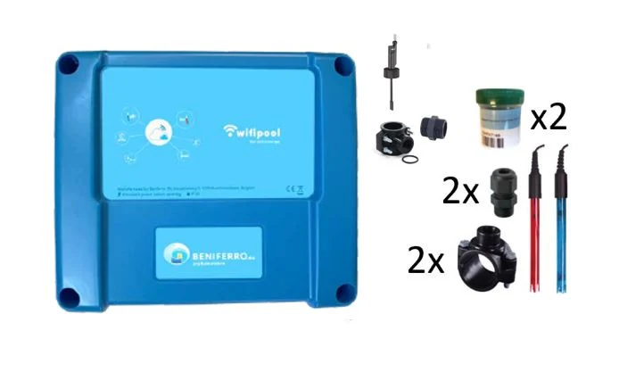 Wifipool connect PRO Boîte de mesure pour le traitement de l'eau, électrolyse au sel (pH-RX-Flow), avec matériel de mesure et d'installation, extensible au contrôle du pH et de l'électrolyse au sel